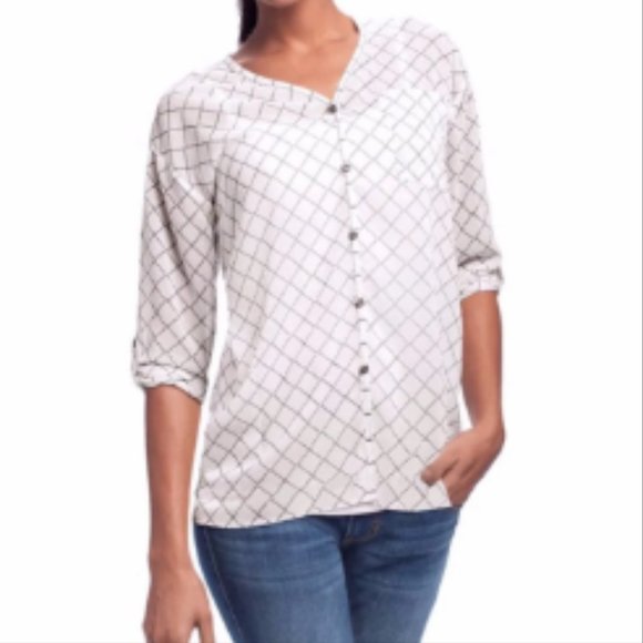CAbi #740 Chessboard X-Small 3/4 Sleeve Semi Sheer Button Down V-Neck Blouse EUC - Picture 1 of 11